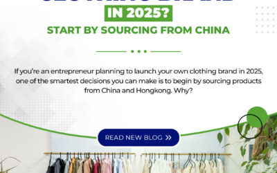Connect Courier blog banner promoting clothing brand development in 2025 through sourcing from China and Hongkong, featuring a modern clothing rack with diverse garments.